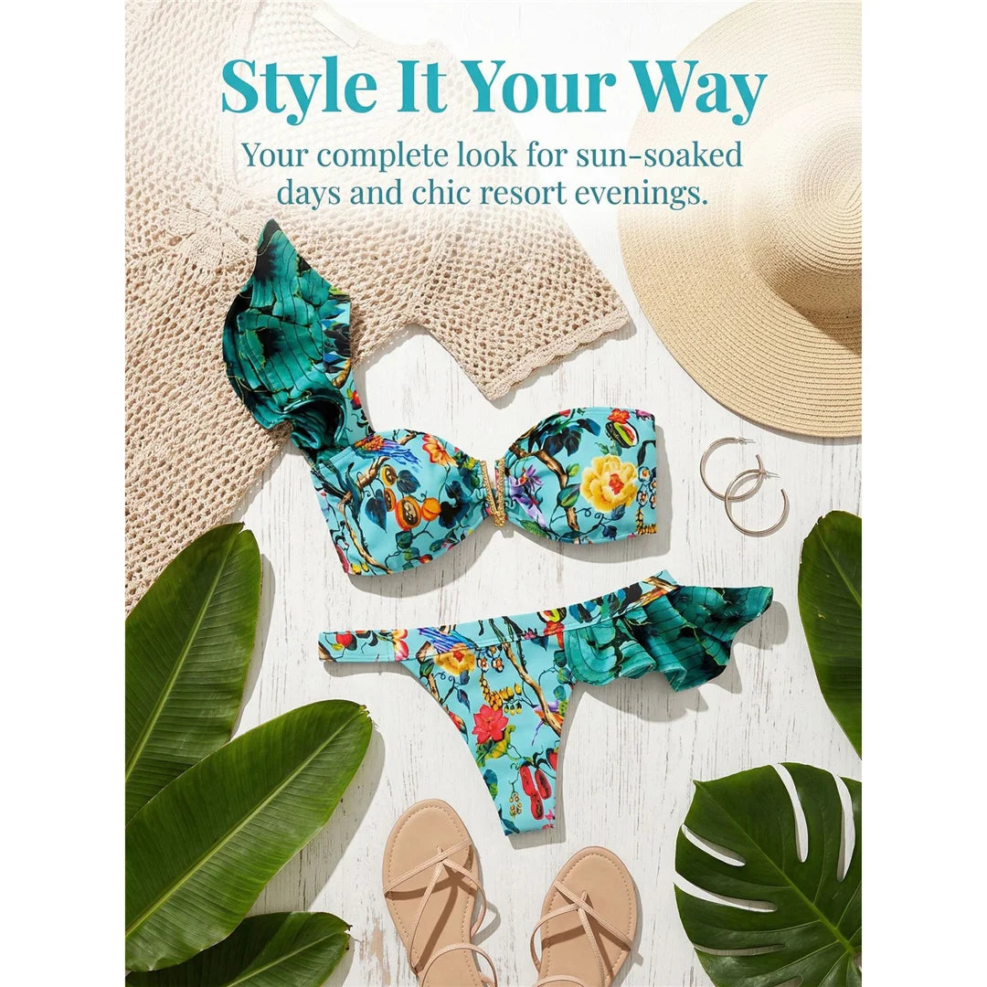 Flower Printed One Shoulder Bikini Women Swimwear Female Swimsuit Frilled Bather Bathing Suit Swim Two-pieces Bikini set K8049