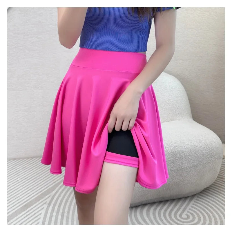 Women Flared Skirts Summer Basic Skirt Fashion Dancer Uniform Versatile Black Safety Pants Skirt Elastic Pleated Skirt Long 45CM