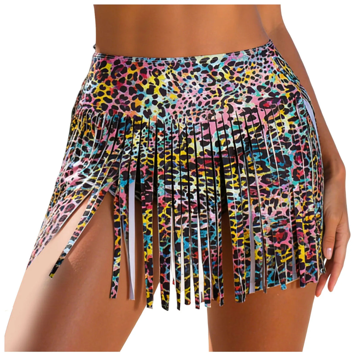 Women Leopard Print Swim Skirt Shorts Tassel Fringe High Waist Bikini Bottom For Beach Party Summer Vacation Pool Bathing Suits