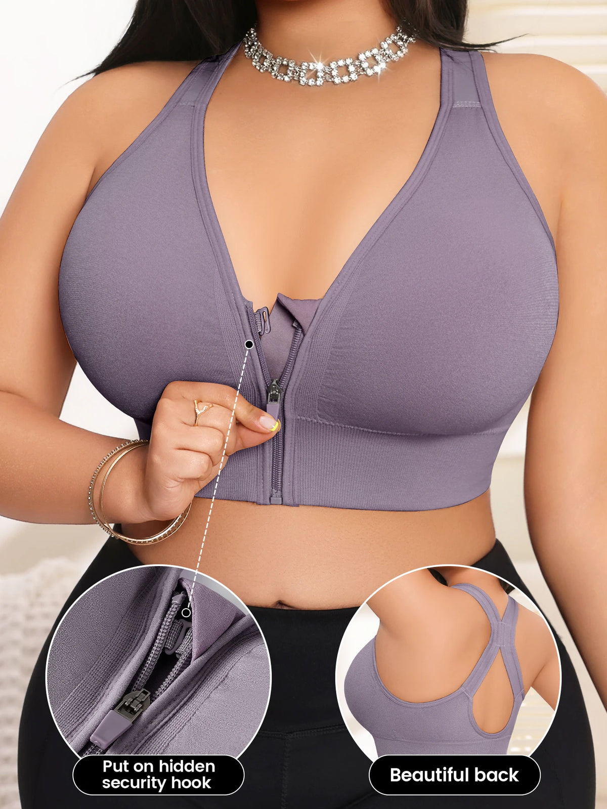 Women's Bra Plus Size Zip Front Yoga Sports Bra, X-Back Wirefree Removable Pads 1XL-4XL
