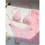 Pink Solid Color 3-piece Swimsuit Women 2026 Summer Beach Skirt Bikini V-neck Halter Backless Bathing Suit Summer Beach Swimwear