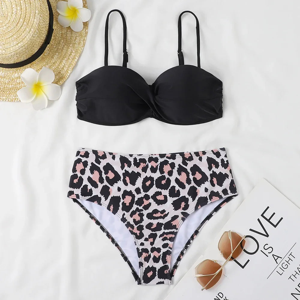 Print Bandeau Bikini Swimsuit Women Push Up Bikini Set Swimwear Female High Waisted Bathing Suit Beach Wear Brazilian Biquini