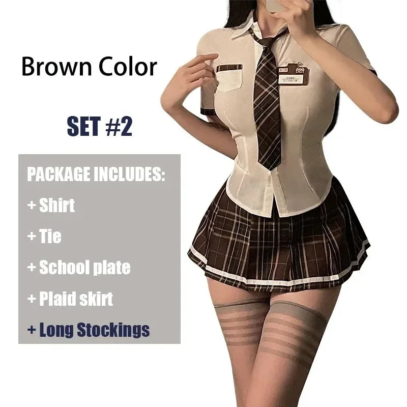 Women Sexy Lingerie Slim Fit Schoolgirl Cosplay Outfit Student JK Uniform Shirt with Plaid Pleated Skirt Panties Set Costume