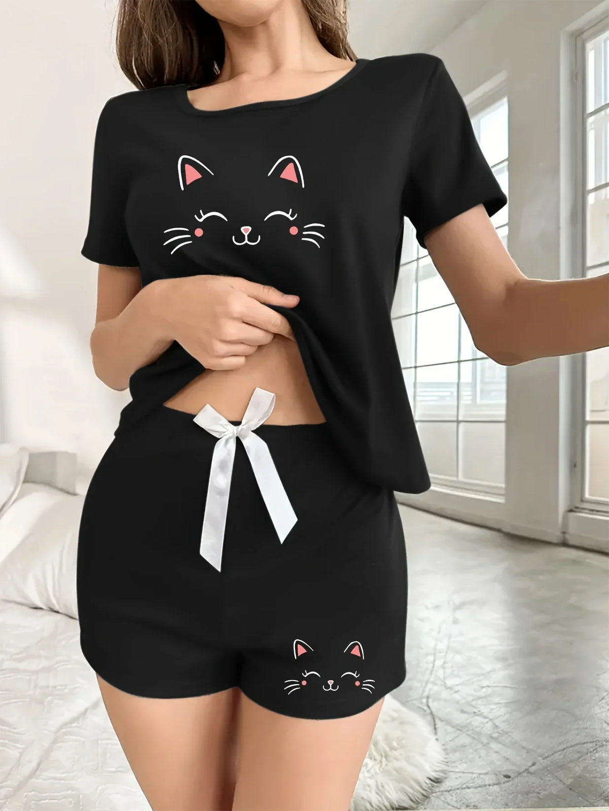 Women Summer Cartoon Cat Print Pajamas Set Casual Round Neck Short Sleeve Top and Shorts Sets Sleepwear Loungewear