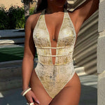 Shiny Gold Halter Backless One Piece Sexy Swimsuit Woman 2026 String Lace-up Swimwear Hollow Out Monokini High Cut Bathing Suit