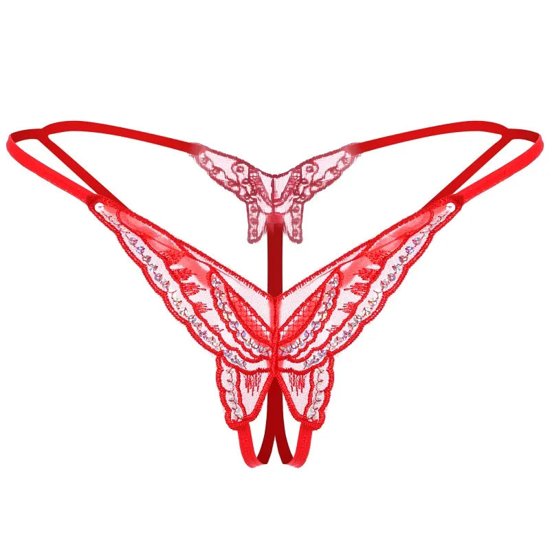 Double-Layer Thin Strap Sexy Thong Butterfly Embroidery Low Waist Sexy Bikini Pure Lace Sequins T-Shaped Panties Sexy G-strings