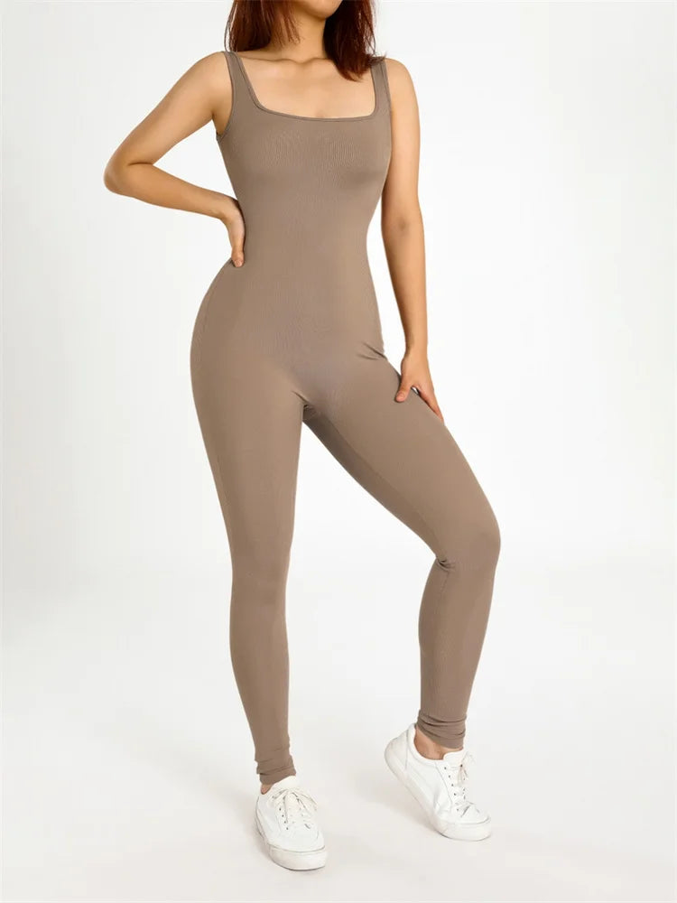 Women Sleeveless Jumpsuits Solid Color Ribbed Club Fitness Workout Overalls Streetwear Square Neck Bodycon Long Romper