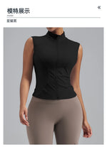 Women Zipper Yoga Shirts Solid Stand Up Collar Elastic Slim Fit Sports Jacket Breathable Sleeveless Sunscreen Workout Clothes