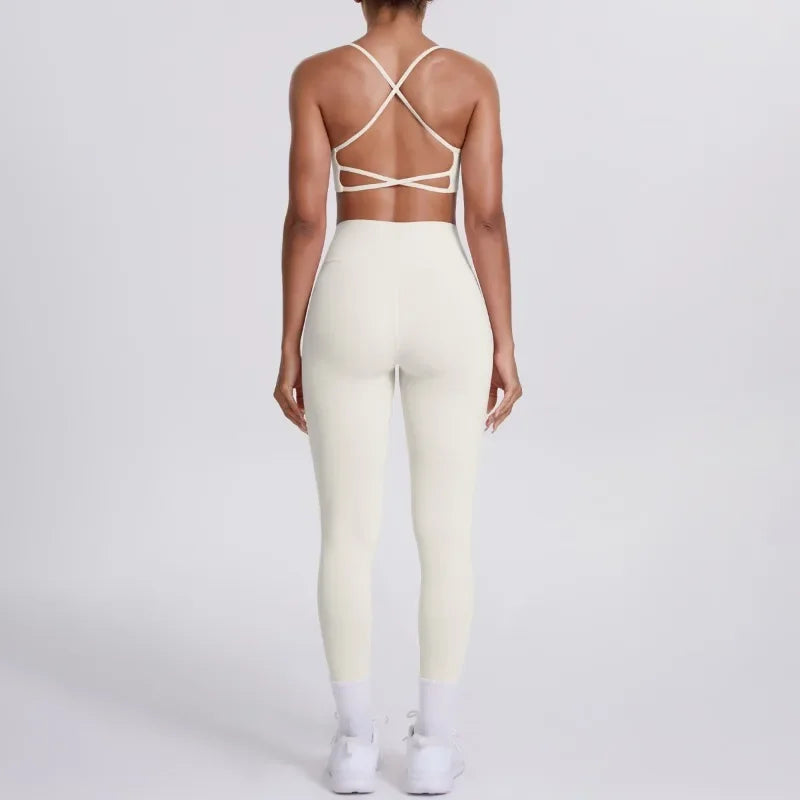 Women's Seamless Yoga Set Cross Back Sports Bra & High Waist Booty Lifting Yoga Leggings Gym Running Fitness Workout Outfit