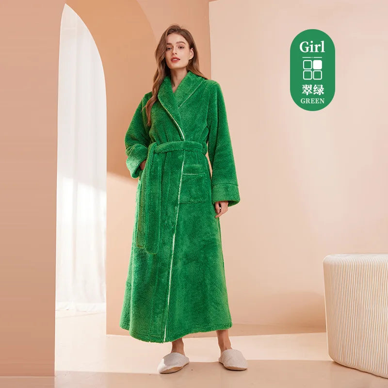 Men's and Women's Styles Winter Bathrobe Long Sleeve Warm Turn Down Collar Fluffy Bath Robe with Sashes Solid Fleece Gown 2025