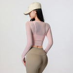Women Mesh Long Sleeve Crop Yoga Top V Neck Twist Front Built-in Bra Quick Dry Breathable Workout Running Sports Shirt