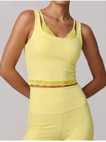 Sexy Fake Two-piece Yoga Tank Top Naked Feel Lace Trim V Neck High Stretch with Bra Pads Gym Running Fitness Dance Tank Top