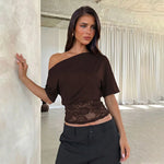 FDYOUI Sexy Chic Diagonal Collar Lace Patchwork T-shirts 2026 Women Short Sleeve Irregular Cropped T Shirt Lady Tunics Tops Tees
