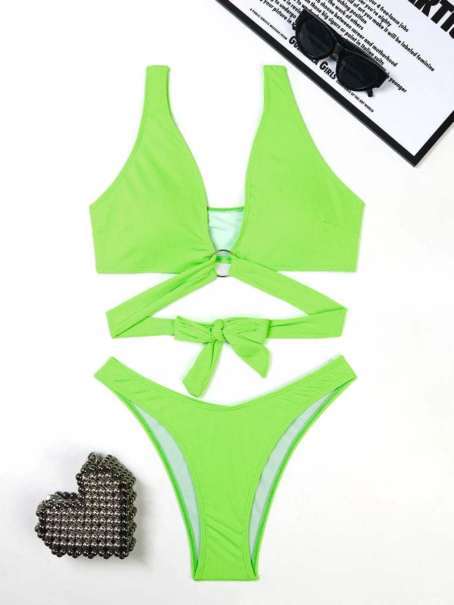 2026 Ring Linked Bikini Solid Bandage Swimwear Female Sexy Swimsuit Women Bathers Bathing Swimming Swim Suit Beachwear