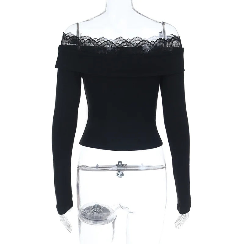 Y2K Streetwear Lace Long-Sleeve Off-Shoulder Top for Women American Style Slim-Fit Hot Girl T-Shirt Lady Spring Autumn Outfit