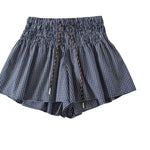 Korean Women's Casual Shorts With Elastic Waist And Drawstring Pleated Plaid A-line Wide-leg Hot Pants For Trendy Girls EHL7