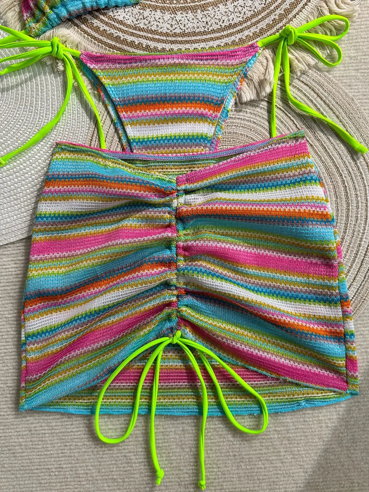 Sexy Coffee Striped Knitted Bikinis Sets 2026 Women Holiday Drawstring Side Skirt 3 Piece Swimsuit Summer Bathing Suit Swimwear