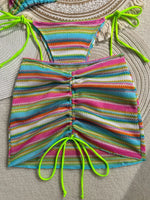 Sexy Coffee Striped Knitted Bikinis Sets 2026 Women Holiday Drawstring Side Skirt 3 Piece Swimsuit Summer Bathing Suit Swimwear