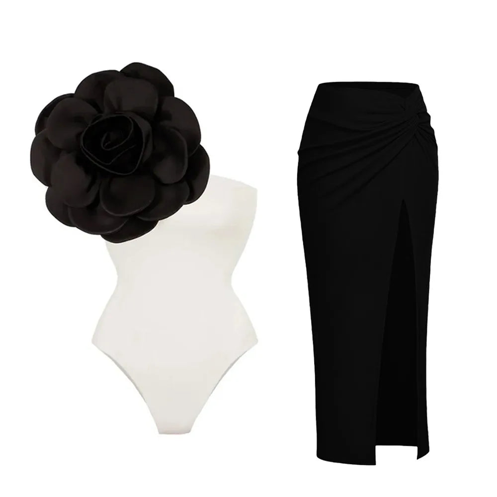 2024 Sexy Sling Ruffle Solid Two Pieces Bikini Women High Waist 3D Flower Swimsuit Skirt Summer Backless Beachwear Bathing Suit