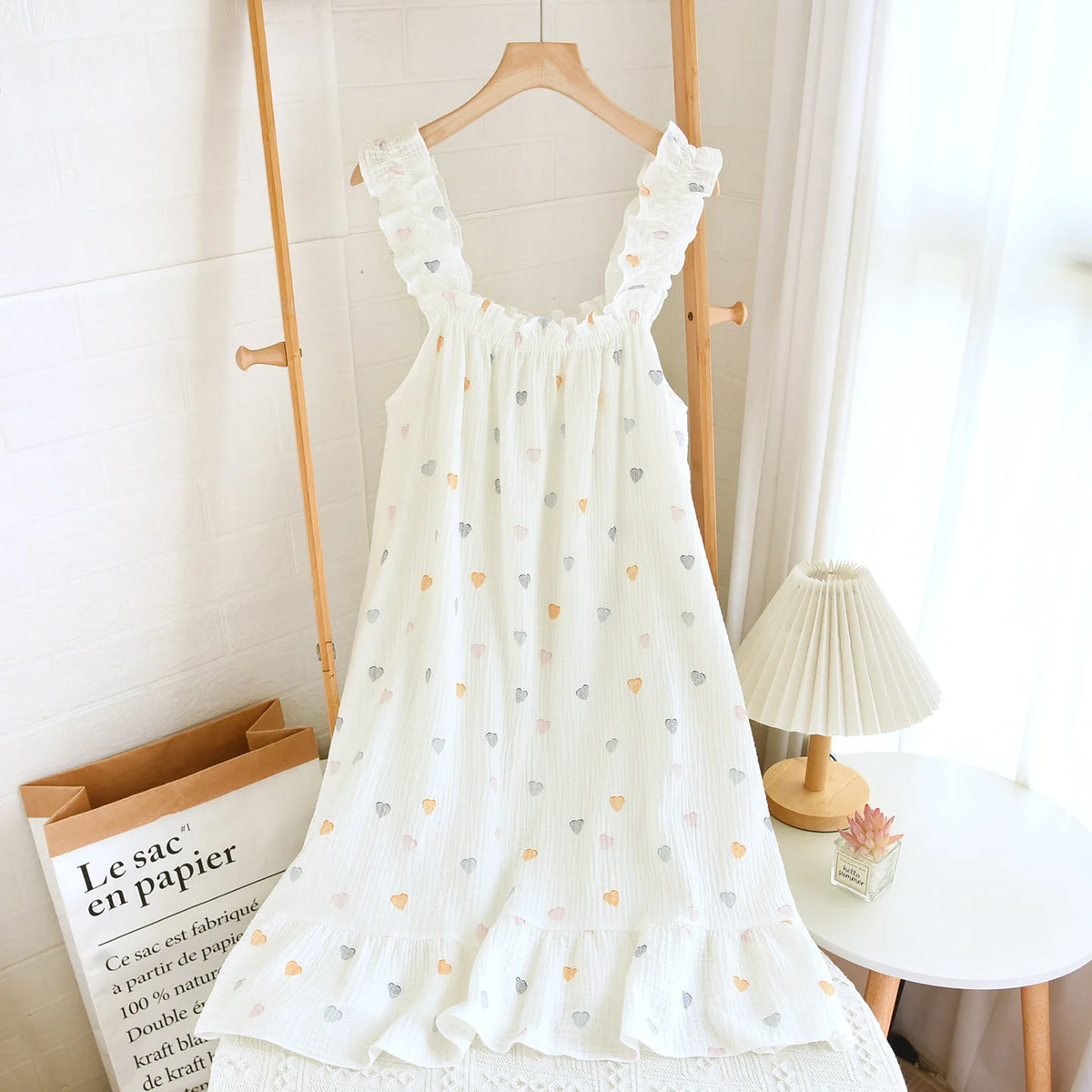2026 Summer New Style Nightdress Ladies 100% Cotton Crepe Thin Vest Suspender Skirt Loose Long Skirt Sweet And Cute Home Skirt
