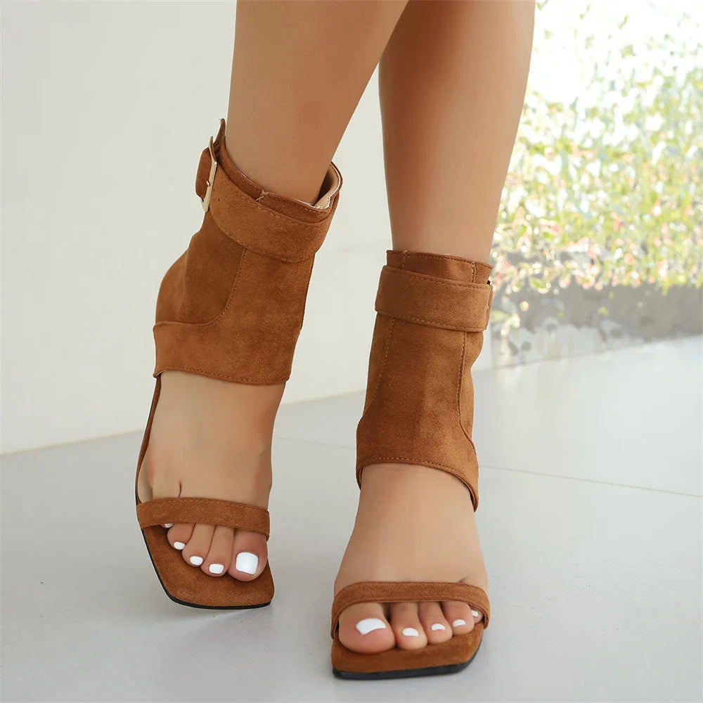 Vintage Black Brown Faux Suede Cutout Ankle Boot Sandals Sexy Back Zipper High Heels Sandals Party Dating Shoes Size 42