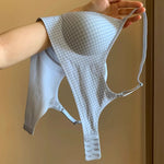 Japanese Checkered Crop Top Bra Small Bust Anti-Sagging Wirefree Pure Cotton Bralette Beachwear Light Support Set S-XL AU MOYISU