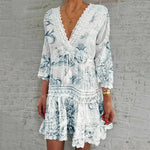 Dresses For Formal Occasions Womens Fashion V Neck Lace Jacquard Seven Quarter Sleeve Bohemian Floral Dress Sexy Beach Sundress