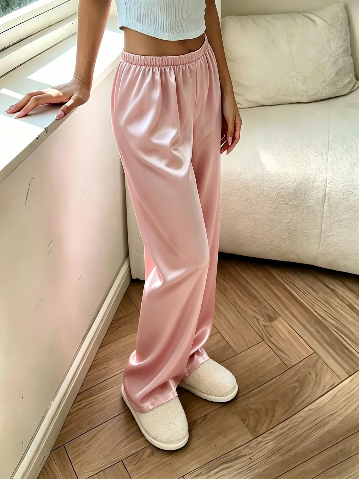 Women Fashion Pajama Pants Elastic Waist Loose TrousersSolid Casual Home Loungewear Sleep Bottoms