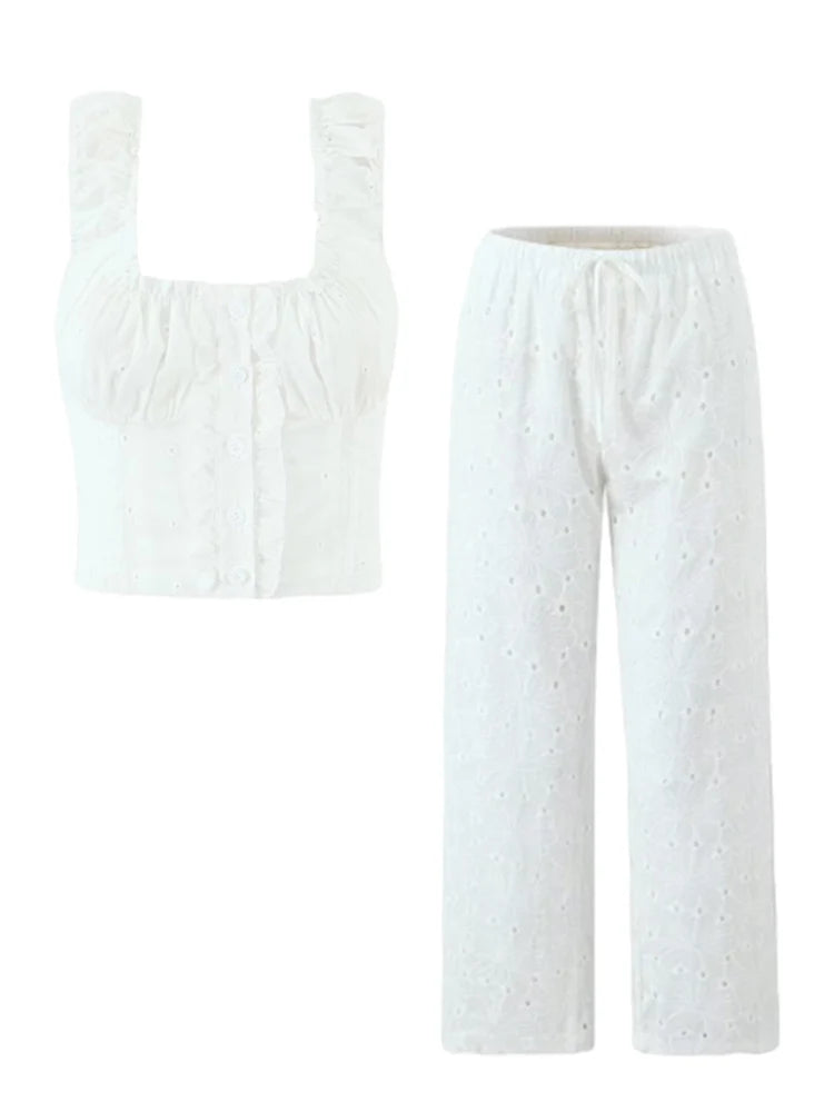 Foridol Hollow Out Cotton Women's 2 Pieces Set White Summer Pants Set Embroidery Top Pants Suit Matching Set Beach Casual Pants
