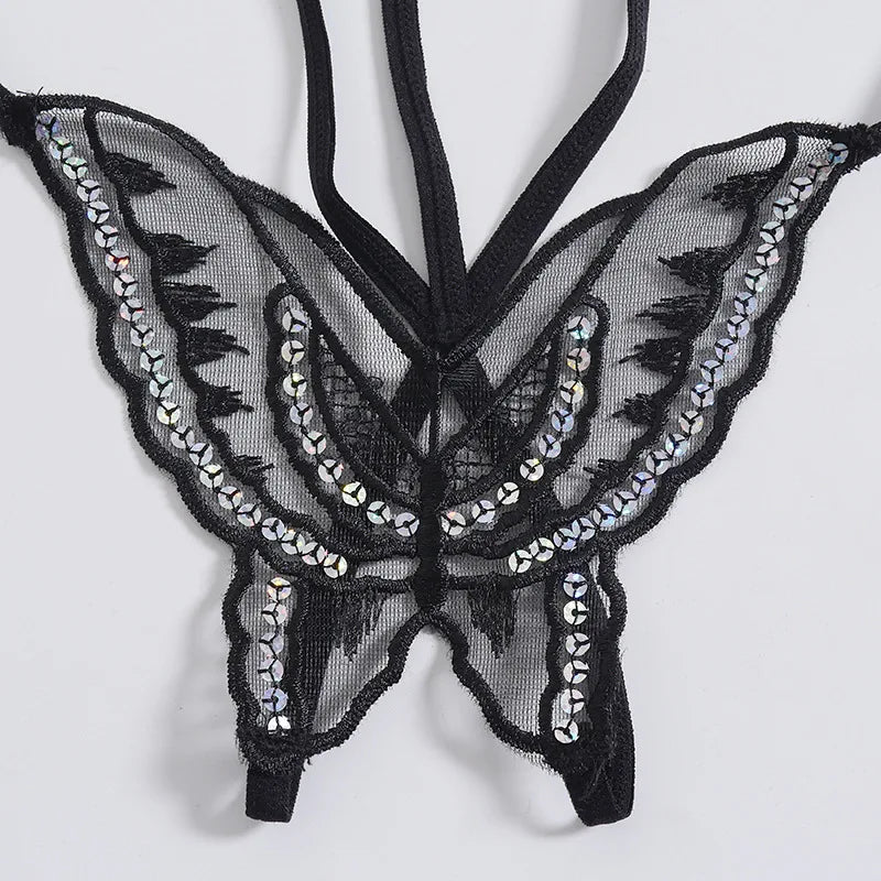 Double-Layer Thin Strap Sexy Thong Butterfly Embroidery Low Waist Sexy Bikini Pure Lace Sequins T-Shaped Panties Sexy G-strings