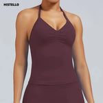 HISTELLO GYM Longline Strappy Top Women Seamless Yoga Clothing With Removable Pads V Neck Open Back Bra Workout Sports Halter