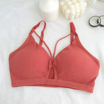 Women Ribbed Knit Bra Front Cutout V Neck Wireless Bralette Fixed Thin Spaghetti Straps Underwear Skin-Friendly Cotton Inner Top