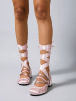 Pink Satin Ballet Style Heels Women Pumps Round Toe Ballerina Ribbon Wrap Leg Tie Up Chunky Block Mid Heel Cosplay Dress Shoes