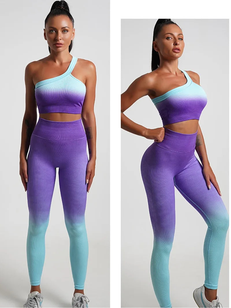 Seamless Tight Yoga Sets Sports Fitness Gradient Single Shoulder Bra High Waist Hip Lifting Pants Suits Wokout Gym Running Sets