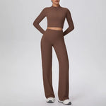 2 Pcs Women's Seamless Yoga Set Long-sleeved Wide-leg Pants Tracksuit Fitness Sports Set High-waisted Hip-lifting Slim-fit Suit