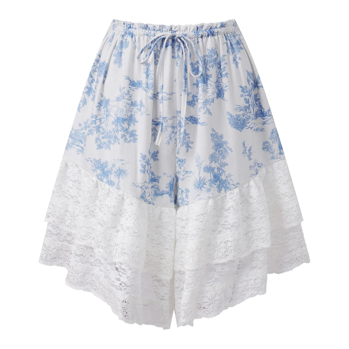 Women's Floral Lace Hem Shorts Drawstring Elastic Waist Wide Leg Knee Length Shorts Daily Loose Casual Lounge Street Mid Pants