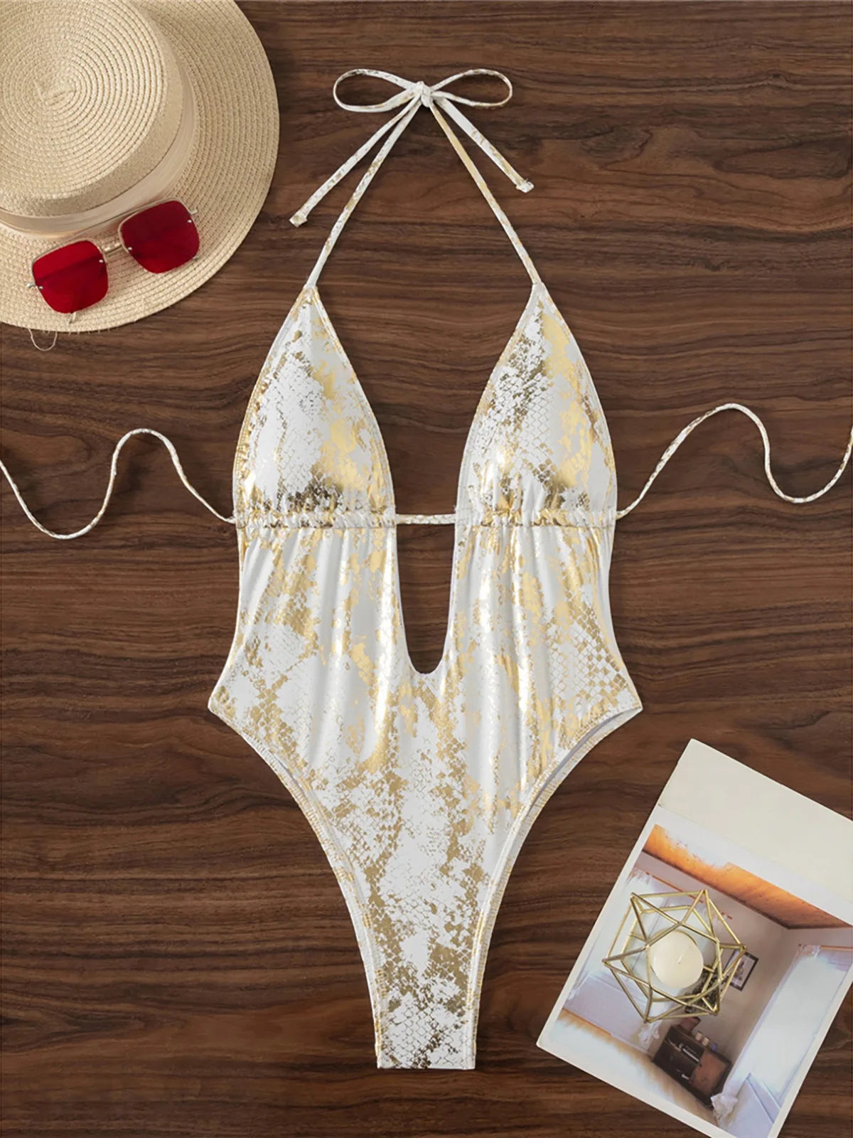 2025 Snake Skin Deep V Neck Backless One Piece Swimsuit Women Swimwear Female Halter High Leg Cut Bather Bathing Suit Swim K7412