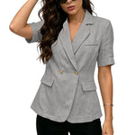 Women Textured Blazer Jacket Lapel Collar Double Breasted Half Sleeve Pocket Loose Suit Coat Elegant Office Summer Outerwear