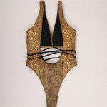 Sexy Gold Snake Print Shiny Swimwear Cut Out Monokini One Piece Swimsuits Women 2025 String Cross Bathing Swimming Suit Bodysuit