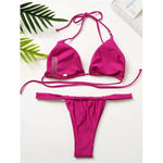 PU Pleated Ruched Bikinis Mini Micro Thong Bikini Women Swimwear Female Swimsuit Two-pieces Bikini Set Halter Bathing Suit Swim