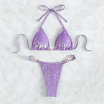Purple Velvet Leopard Swimsuit Sexy String Halter Triangle Bikinis Sets De Mujer Micro Thong Swimwear Women Bikinis Bathing Suit