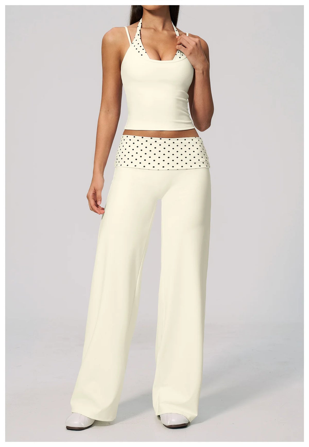 Women's 2 Piece Yoga Set Halter Neck Crop Top Fold Over Waist Wide Legged Flare Trousers Polka Dot Striped Gym Workout Running