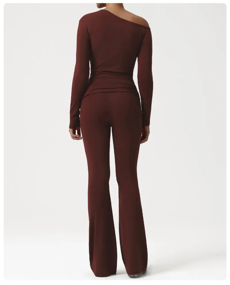 2 Pieces Women's Seamless Yoga Set Long-sleeved Shirt Flared-pants Tracksuit Running Fitness Sports Set Slim-fit High Waist Suit