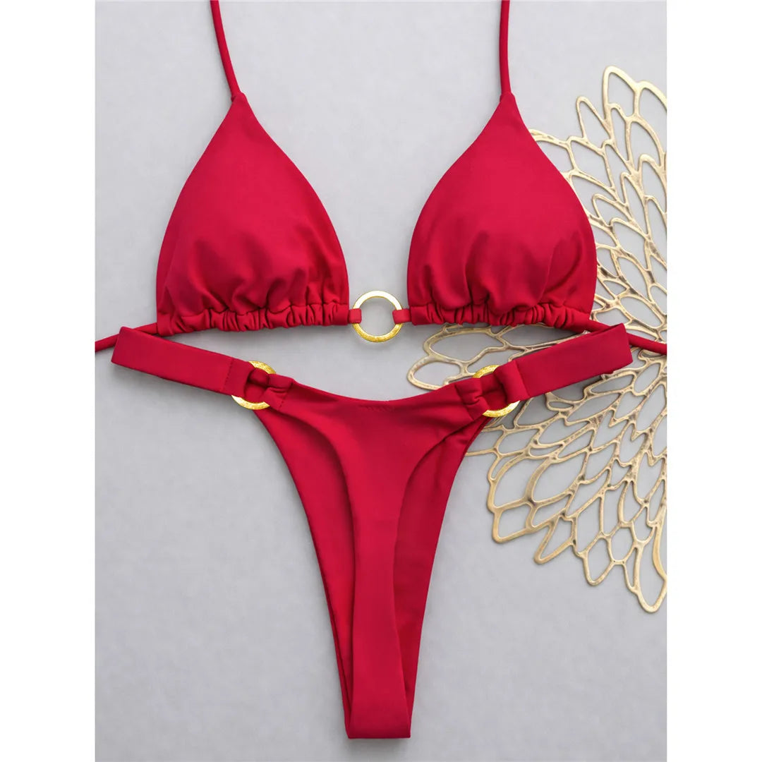 XS - L Halter Metal Ring Mini Thong Bikini Female Swimsuit Women Swimwear Bather Bathing Suit Swim Two-pieces Bikini set K8107