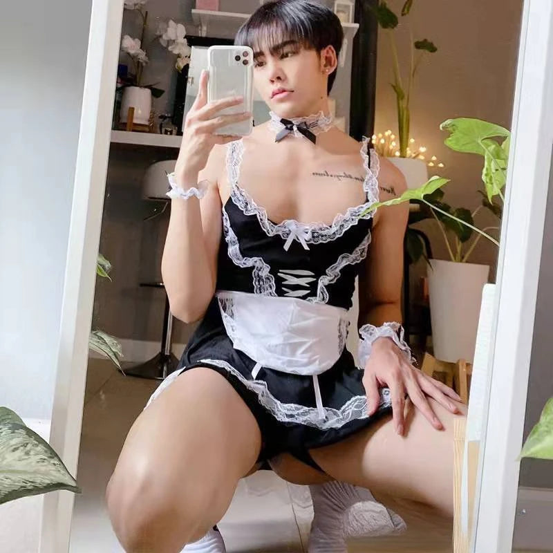 Cross-border Sexy Pure Desire Men Cosplay Stretch Milk Silk Lace Suspender Skirt and Lace Apron Valet Lingerie Uniform Set