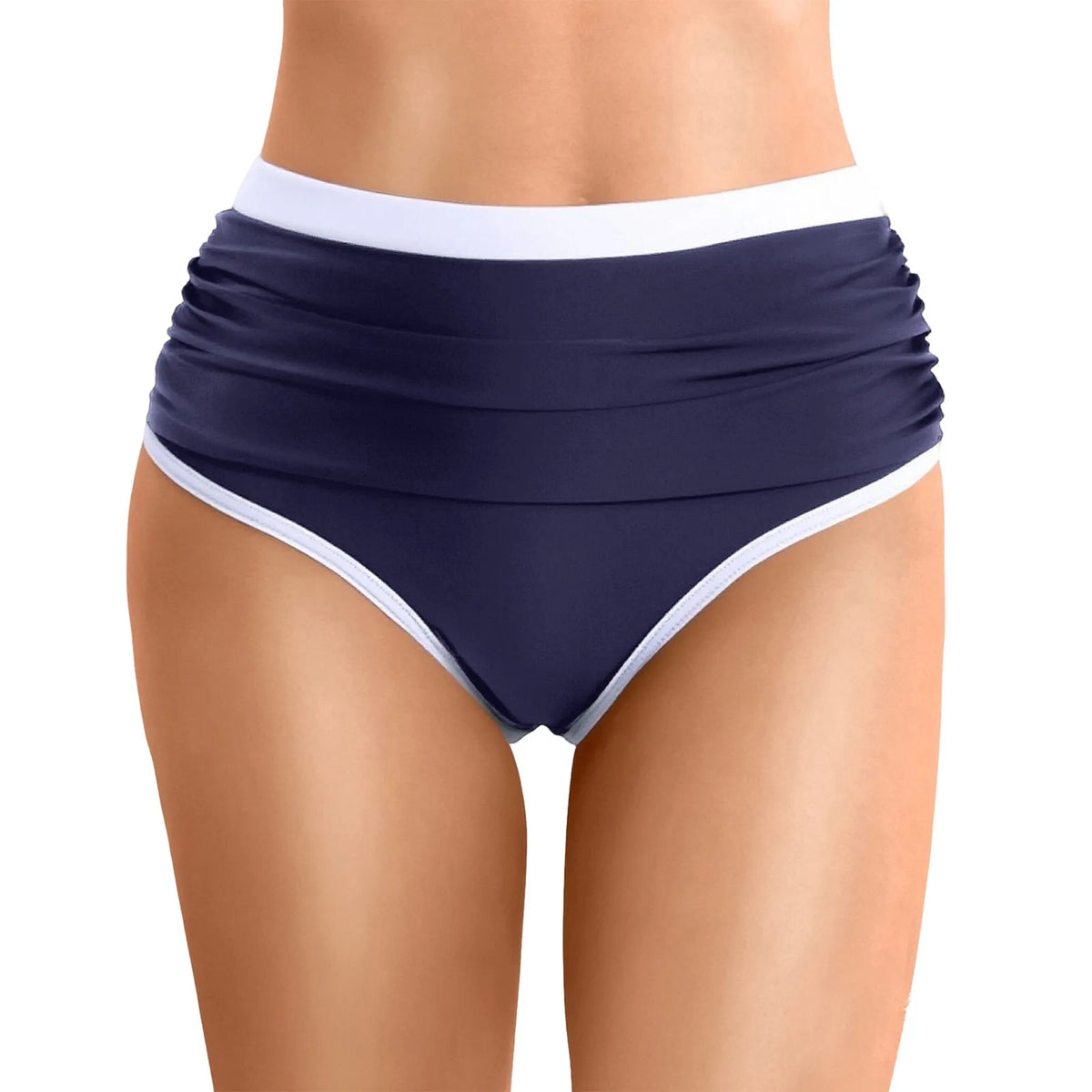 Womens Contrast Trim High Waisted Swim Bottoms Ruched Tummy Control Bathing Suit Modest Swim Shorts For Beach Surfing Swimming