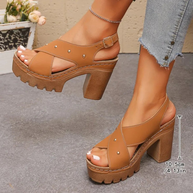 2026 New Plus Size High Heel Sandals Women's Block Heel Buckle Strap Casual FashionFish Mouth Shoes