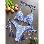 Sexy Flowers Printed Halter Brazilian Bikini Female Swimsuit Women Swimwear Two-Pieces Bikini Set Bather Bathing Suit Swim V6070