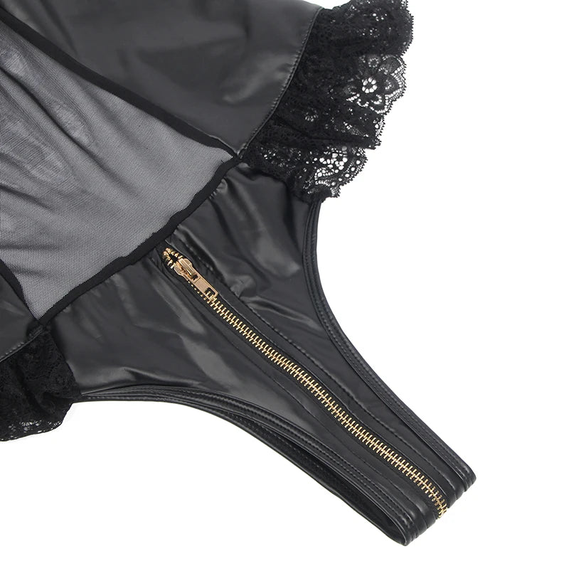 Black Sexy Lingeries Faux Leather Hollow Out Ruffled Lace Zipper Deep V-Neck Jumpsuits Adjustable Straps Elegant Women Bodysuits