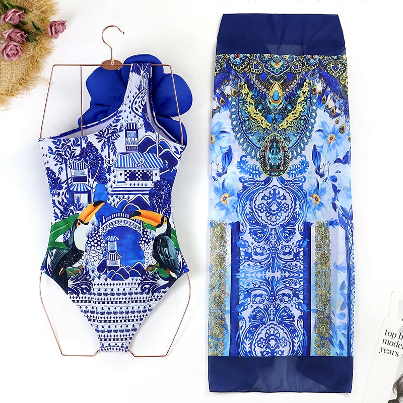 2024 Sexy Sling Ruffle Solid Two Pieces Bikini Women High Waist 3D Flower Swimsuit Skirt Summer Backless Beachwear Bathing Suit